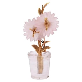 A French 18K Gold, Rock Crystal and Rose Quartz Flower Pin Brooch