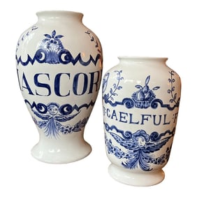 1980s Hand Painted Blue and White Azulejos Delft Apothecary Jar Vase Portugal a Pair