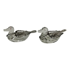 Rare Red Eyed Glass Duck Salt Cellars With .800 Silver Wings and Spoons -A Pair