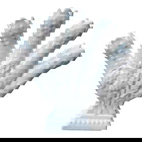 1950s White Porcelain Five Finger Majolica Tulipiere Tulip Vase: Pretty white Majolica five finger tulip vase with hobnob detail. It is 9.5" by 9" by 2" and is in e Origin: cellent vintage condition. Made in Portugal. Condition: Alterations: Original Condition Unal