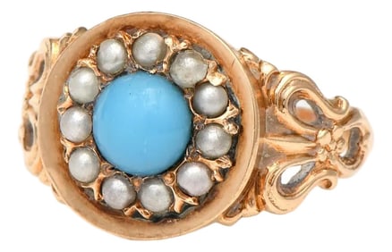 10KY Victorian Turquoise & Seed Pearl Ring, size 5.5