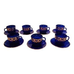 Set of Seven Cobalt Blue Glass Cups and Saucers