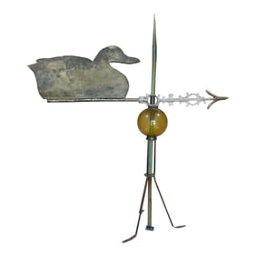 Antique Weathervane Lightning Rod Duck Silhouette Wooden Cutout Glass Ball 1920s Folk Art Carved