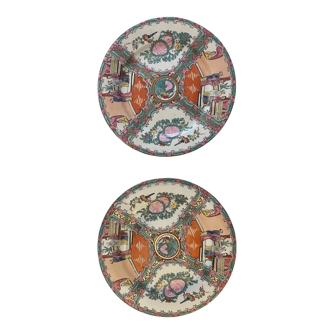18th Century Qianlong Famille Rose Medallion Set of Two Porcelain Dinner Plates: Qianlong dynasty porcelain plates with famille rose medallions 10.5 inch diameter. Gold rim, no chips or cracks. It's nice to have a pair. Condition: Alterations: Original Condition Unaltered Imperfec