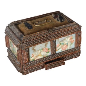 Antique Tramp Art Decorated Box Chip Carved 19th C. Decoupage Folk Brass Velvet Trinket Jewelry Stor