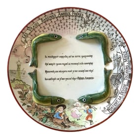 French Majolica Advertising Sardines Plate by Amieux Freres