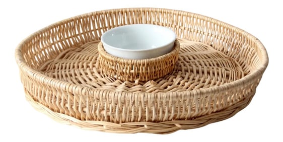 Vintage Woven Serving Tray With Bowl