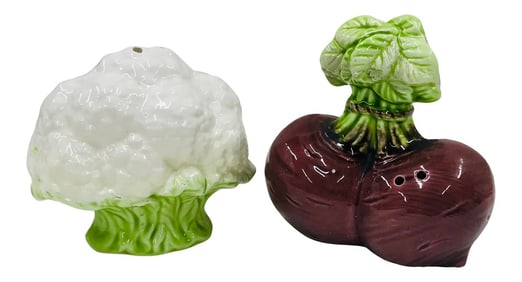 Late 20th Century Majolica Cauliflower & Radishes Vegetable Salt and Pepper Shakers- a Pair