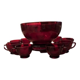 Vintage Royal Red Punch Bowl With Cups and Pedestal- 11 Pieces