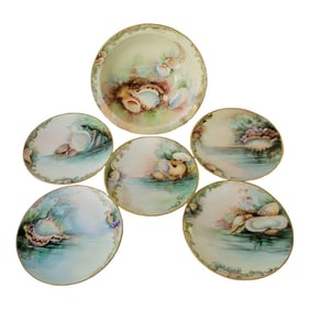 Antique Bavarian Hand Painted Seashell Plates and Bowl Set of 6