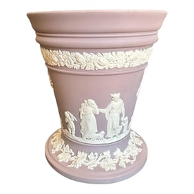 Late 20th Century Vintage Lilac Wedgwood Jasperware Vase With Sacrifice Figures and Cherubs