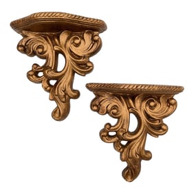 1980s Italian Baroque French Rococo Gold Gilt Plaster Wall Brackets - a Pair