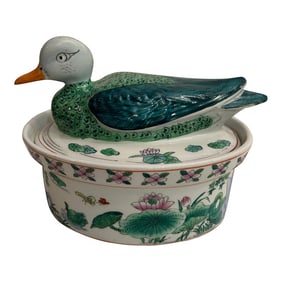 Vintage Hand Painted Chinoiserie Duck Tureen or Covered Dish
