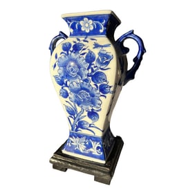 1970s Blue and White Floral Vase