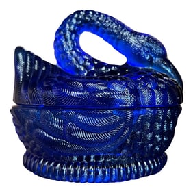 Vintage Blue Glass Lidded Swan Dish by Heisey