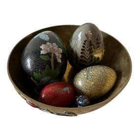 1970s Collection of Painted Eggs in Brass Bowl- 7 Pieces