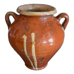 19th Century Two-Handle Terracota Vessel Pot Dark Rust Glaze With Golden Stripes and Rim