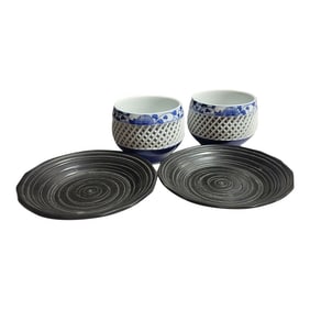 Pair of Arita Blue White Japanese Teacups and Lacquer Plates
