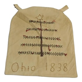 Antique Green and Red Hand Embroidery Primitive Sampler