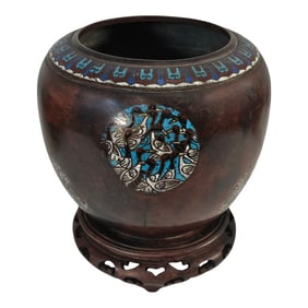 Meiji Japanese Bronze and Enamel Champlevé Vase on Stand, Antique Cloisonné