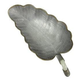 Antique Chinese Pewter, Brass and Stone Leaf Dish