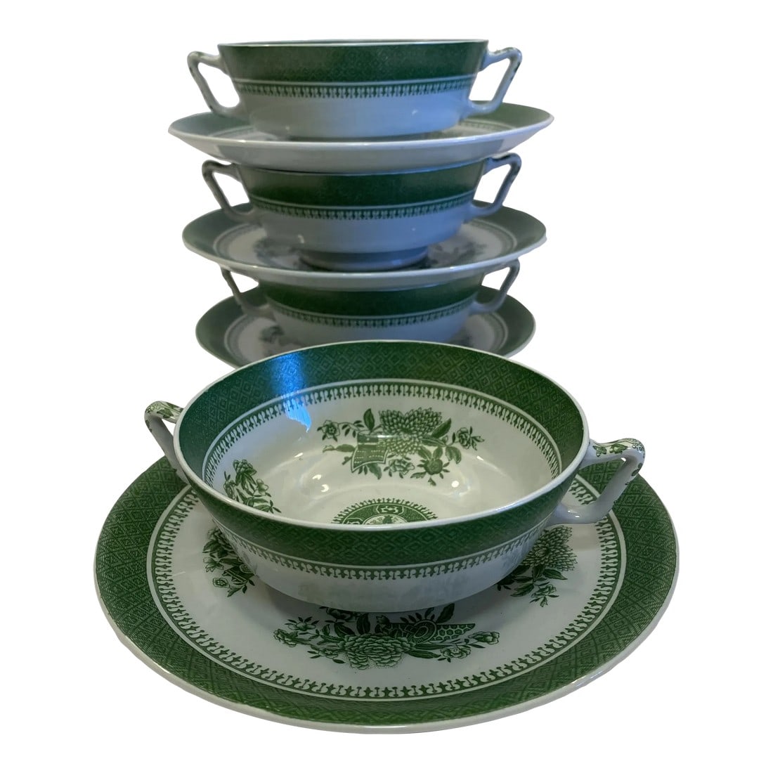 1950s Spode Fitzhugh Green Cream Soup & Saucer - Set of 4: Gorgeous set of four Spode Fitzhugh Green cream soup and saucer set. This magnificent pattern, which dates to the 1950s, features a white background with an ornate green transferware rim and center. B