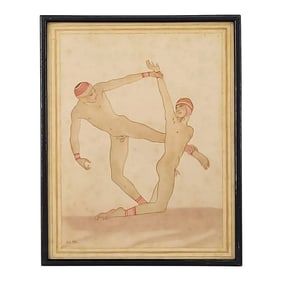 Edwardian Neoclassical Hand-Colored Engraving of Wrestlers, England Circa 1900