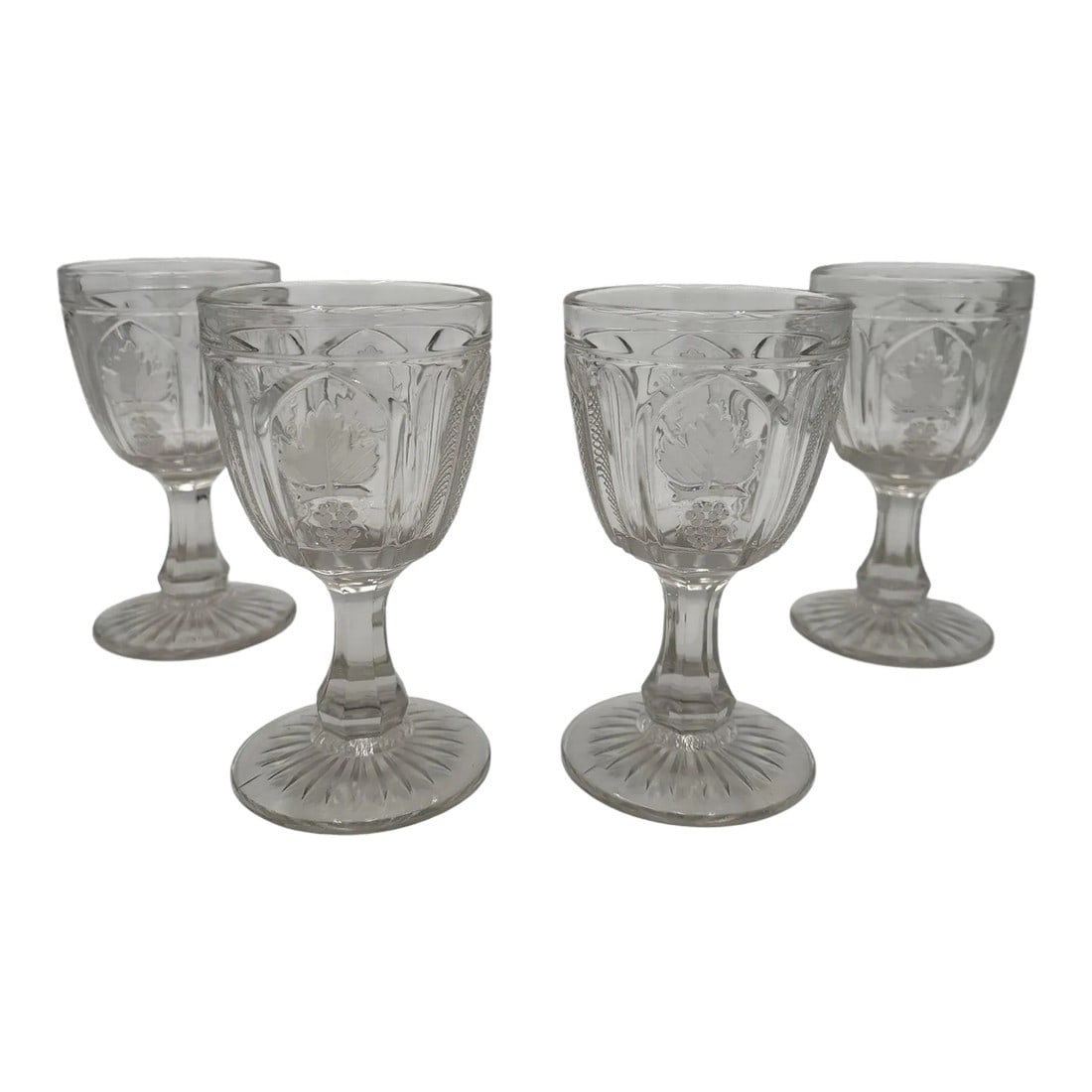 Set of 4 Late 20th Century Boston Sandwich Magnet and Grape Wine Goblets, Reproduction From the Metr: Boston Sandwich Magnet and Grape Wine Goblets - Reproduction From the Metropolitan Museum of Art These lovely reproduction glasses are the Magnet and Grape pattern from late 19th century glass manufac
