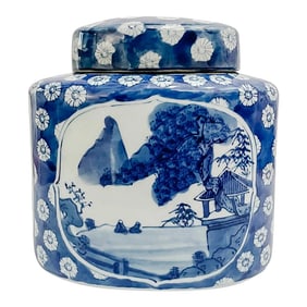Vintage Chinese Blue Willow Porcelain Large Tea Caddy