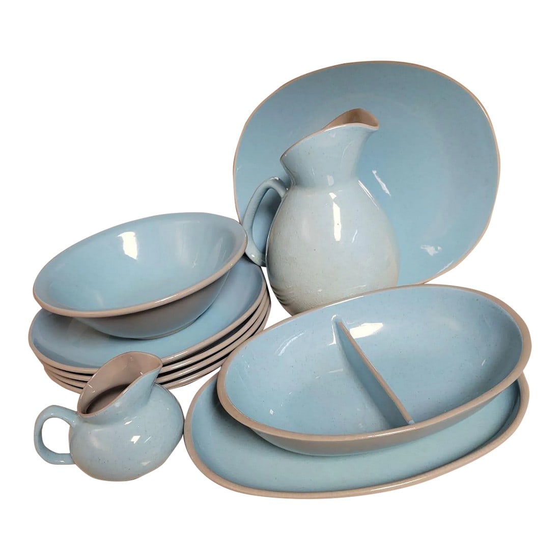 Harker Blue Mist Stone China Plates, Pitcher, Serving Dishes - 10 Pieces: 10 assorted pieces of Harkerware Blue Mist Stone china by Harker USA. Included are: 4 Dinner plates, 10 1/8th" dia. Vegetable bowl, 8" dia. Divided bowl, 10 3/8" Creamer 6 oz, 3.5" h Pitcher 40 oz, 8