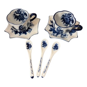 1970s Collection of Blue and White Floral Teacups, Saucers and Spoons- 7 Pieces