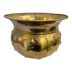 Mid 20th Century Large Chased or Hammered Brass Planter With Tope Trim and Repousse Button Accents