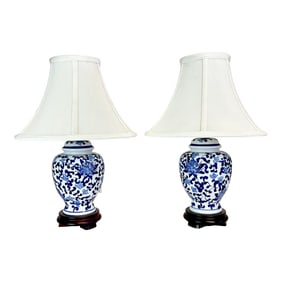 1980s Vintage Hollywood Regency Chinoiserie Blue & White Ginger Jar Lamps - A Pair