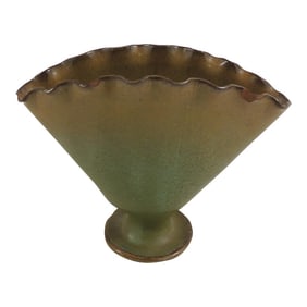 Vintage Green and Yellow Fan Shape Art Pottery Petite Decorative Vase