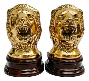 Mid 20th Century Solid Brass Roaring Lion Bookends on Wood Bases - A Pair