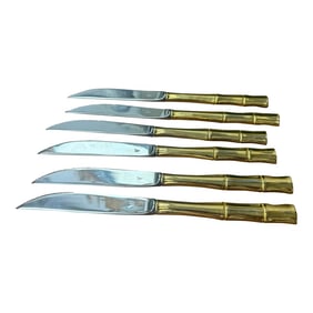 Vintage SCC Gold Electroplated Handles, Bamboo Steak Knives - A Set of 6