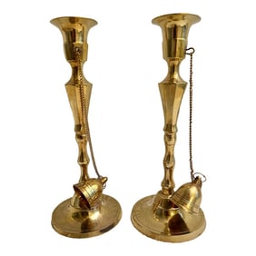 Early 20th Century Solid Brass Candlestick Holders With Attached Brass Snuffers