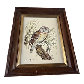 Owl Painting in Wooden Frame, Signed by Artist