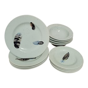 4 Place Settings Robin's Egg Blue Stoneware Dishes Southwestern Feather Motif - 12 Pieces