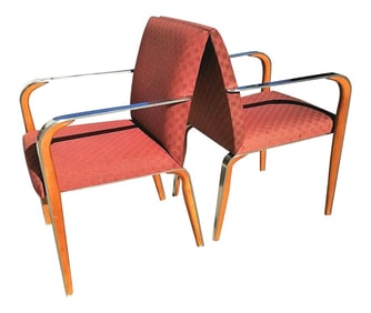 Mid-Century Modern Solid Chrome & Wood Upholstered Dining Armchairs Accent Chairs -Set of 2