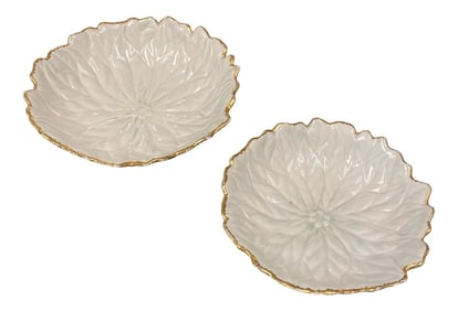 1970s Ceramic Floral White Plates W Gold Edges - a Pair