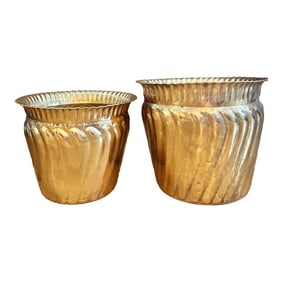 Vintage Brass Swirl and Fluted Large Indoor Planters - A Pair