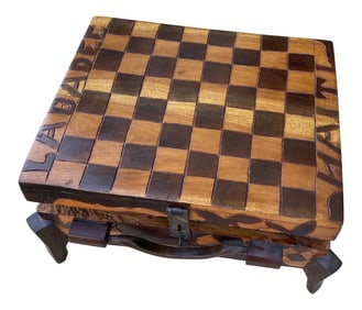 1970s Handcarved Wooden Footed Chess Game Box