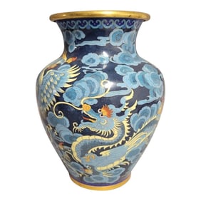 Chinese Cloisonné Vase With Dragon and Phoenix on Blue Ground, Mid-20th Century
