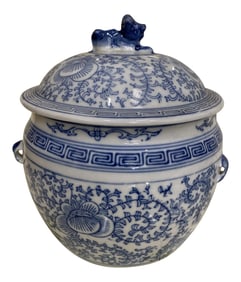1970s Blue and White Greek Key Chinoiserie Bowl