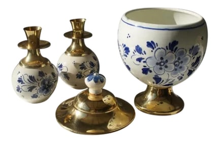 Delftware of Holland Brass, Ceramic Candle Holders & Bowl - Set of 3