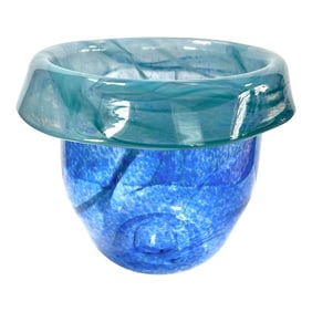 1980s Hand Blown Glass Flower Pot Cachepot Ice Bucket Sea Glass and Blue