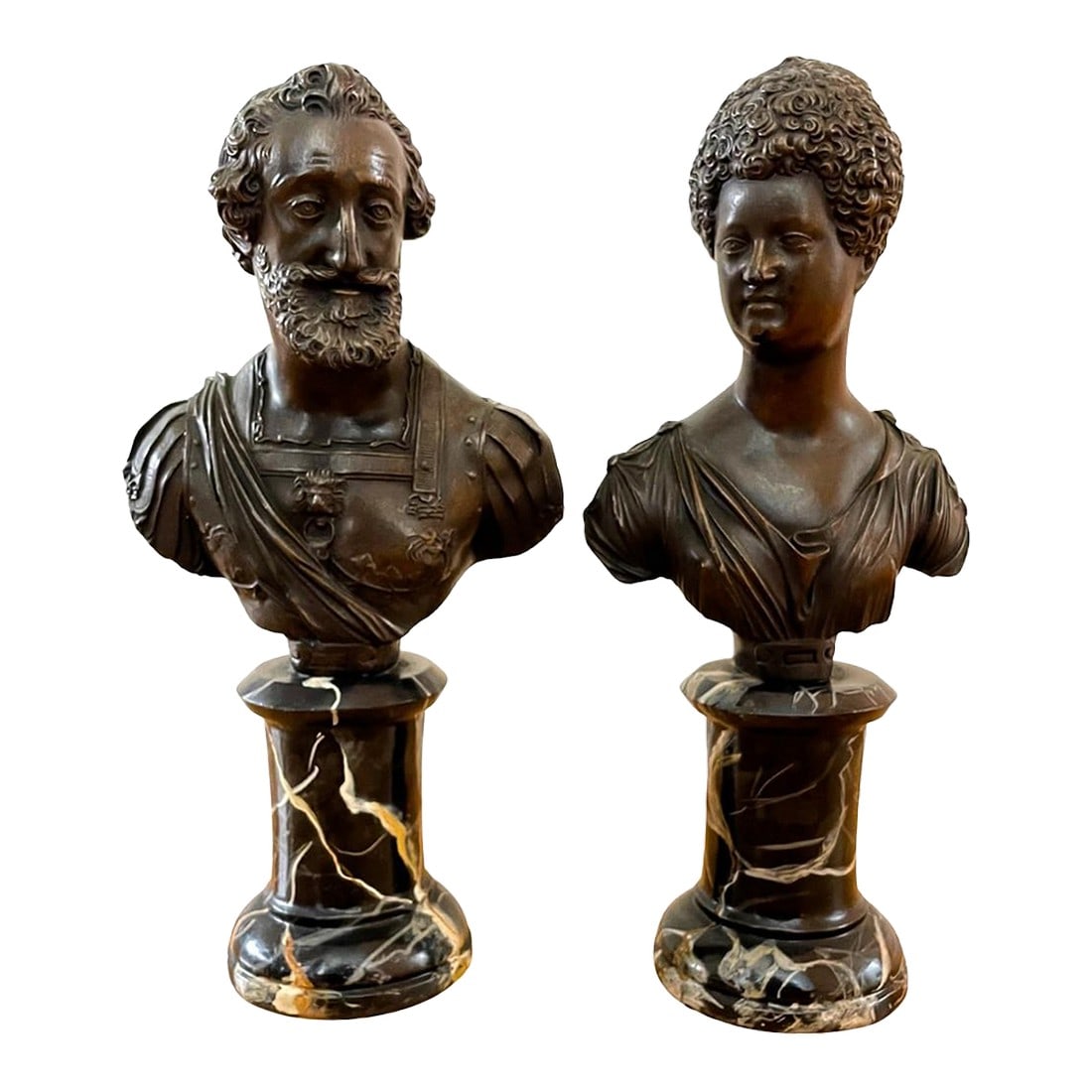 De Medicis Portrait Busts of King Henry IV & Queen Maria De Medici - A Pair: Pair of reproduction portrait busts of Queen Maria de Medici and King Henry IV after the original large marble statues by Guillaume DuprÃ© and Barthelemy Prieur which were destroyed during the Revol