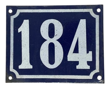 Mid 20th Century French Blue & White Enamel House Building Sign “184â€