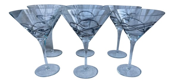 Vintage Set of 4 Hand Blown Crystal Martini Glasses W/Platinum Swirl